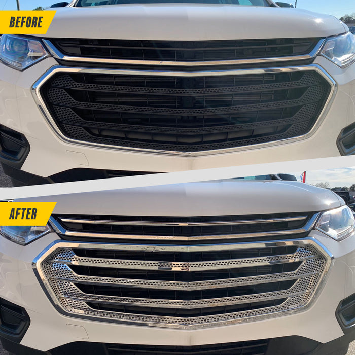 Before and after ABS507 chrome grille overlay on 2019 Chevrolet Traverse