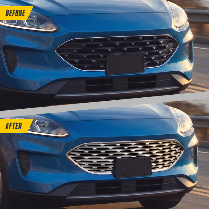 Before and after ABS508 chrome grille overlay on 2020 Ford Escape