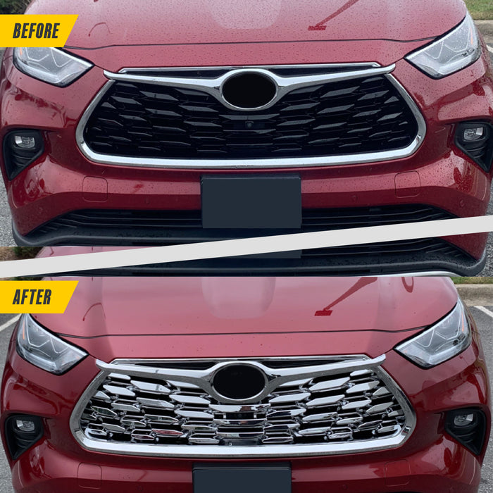 Before and after ABS518 chrome grille overlay on 2026 Toyota Highlander