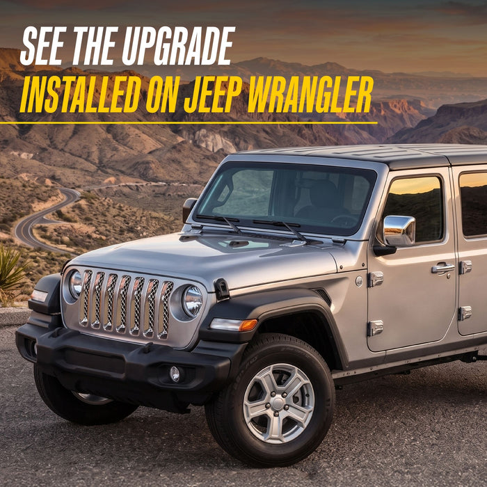 ABS522 chrome grille overlay installed on a Jeep Wrangler