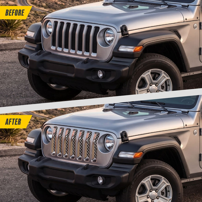 Before and after: Jeep Wrangler factory look vs ABS522 chrome grille overlay