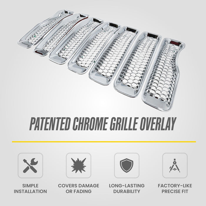 ABS522 patented chrome grille overlay for 2018 Jeep Wrangler - feature icons