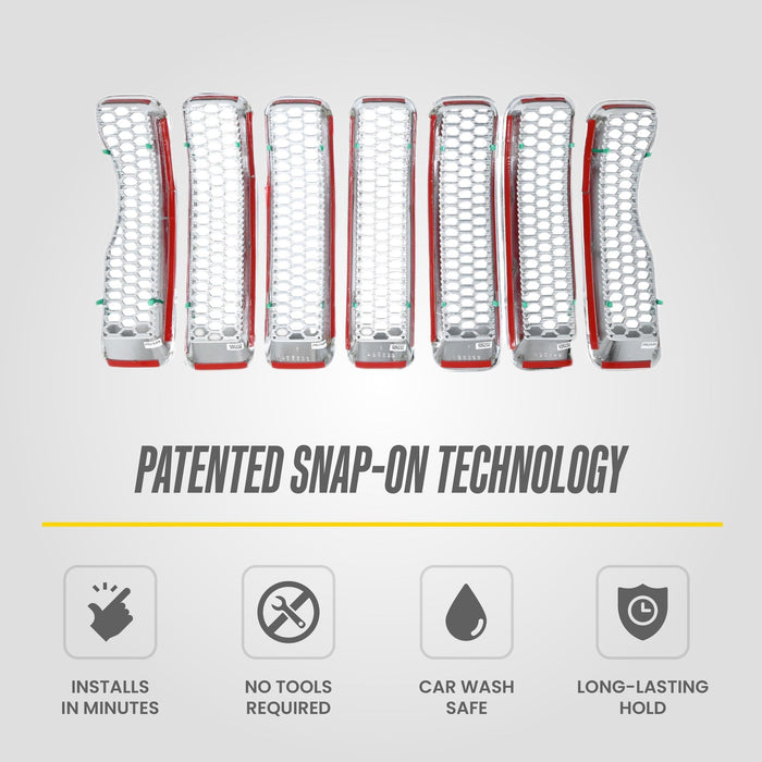 Patented snap-on technology: ABS522 chrome grille overlay for 2018 Jeep Wrangler