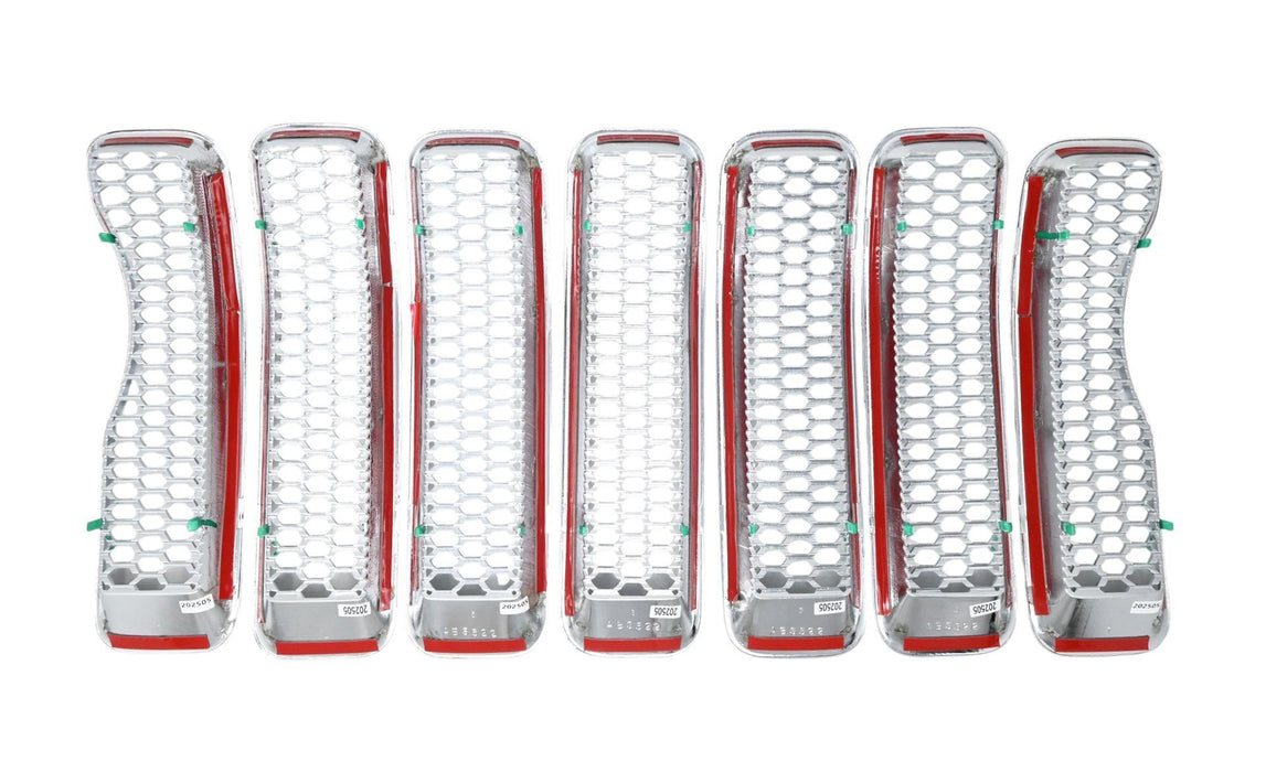 Back of ABS522 chrome grille overlay with pre-applied red-backed adhesive tape for 2023 Jeep Wrangler