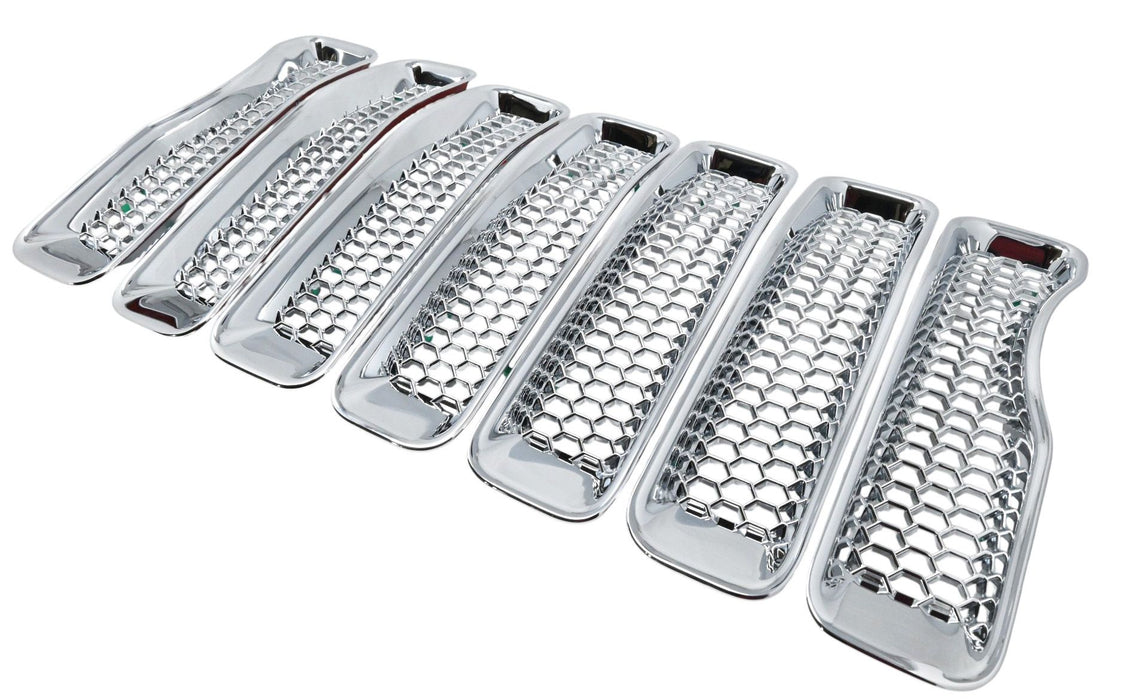 ABS522 chrome grille overlay for 2020 Jeep Wrangler, angled view, 7-piece set