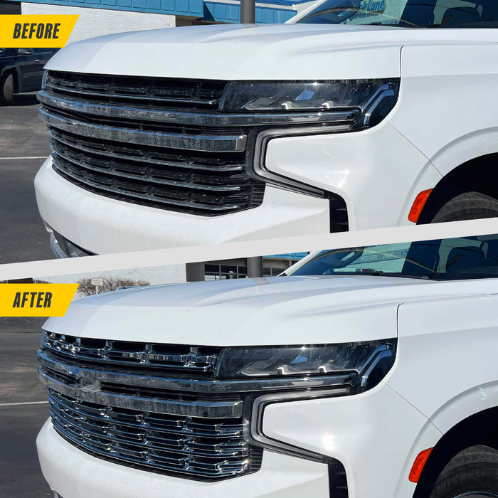 Before and after ABS523 chrome grille overlay on 2024 Chevrolet Tahoe