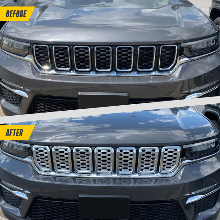 Before and after ABS534 chrome grille overlay on 2023 Jeep Grand Cherokee L