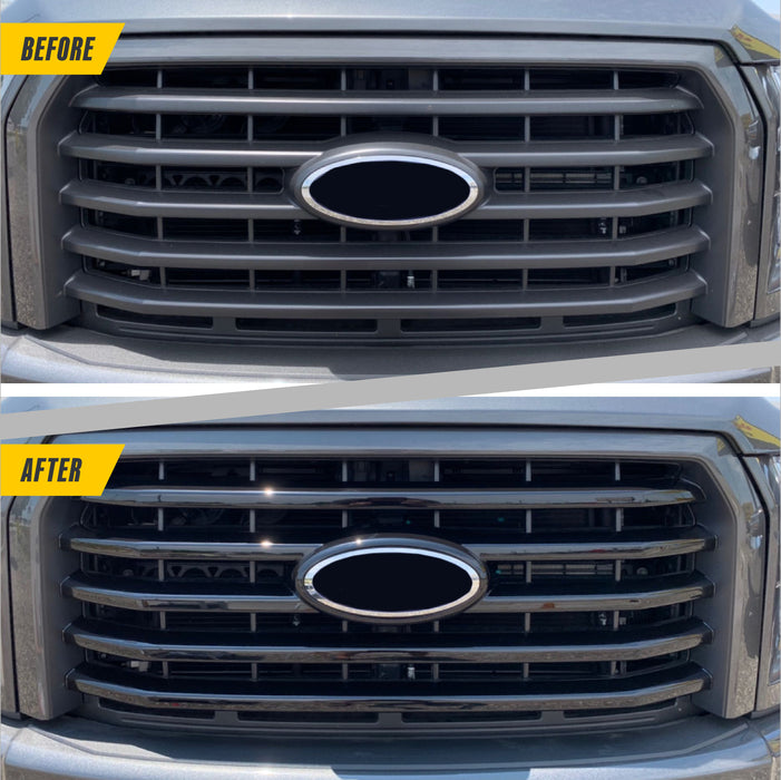 Before and after ABS6411BLK gloss black grille overlay on 2017 Ford F-150 XLT