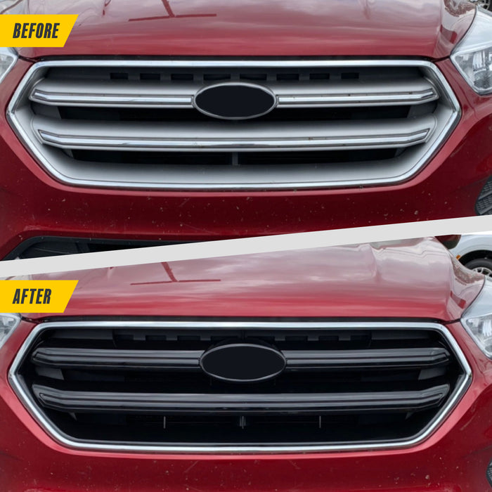 Before and after ABS6484BLK gloss black grille overlay on 2018 Ford Escape