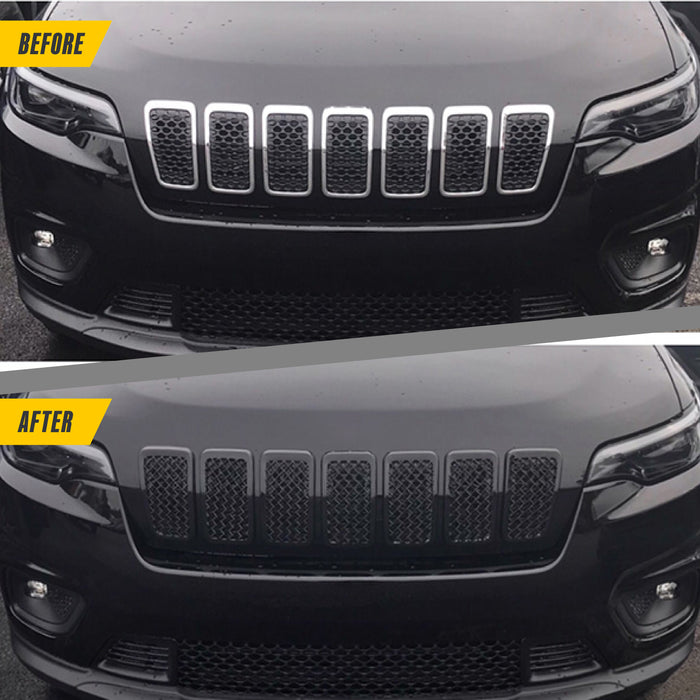 Before and after ABS6485BLK gloss black grille overlay on 2019 Jeep Cherokee