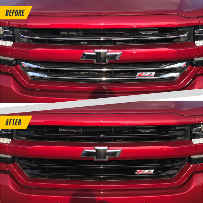 Before and after ABS6487BLK gloss black grille overlay on 2017 Chevrolet Silverado 1500