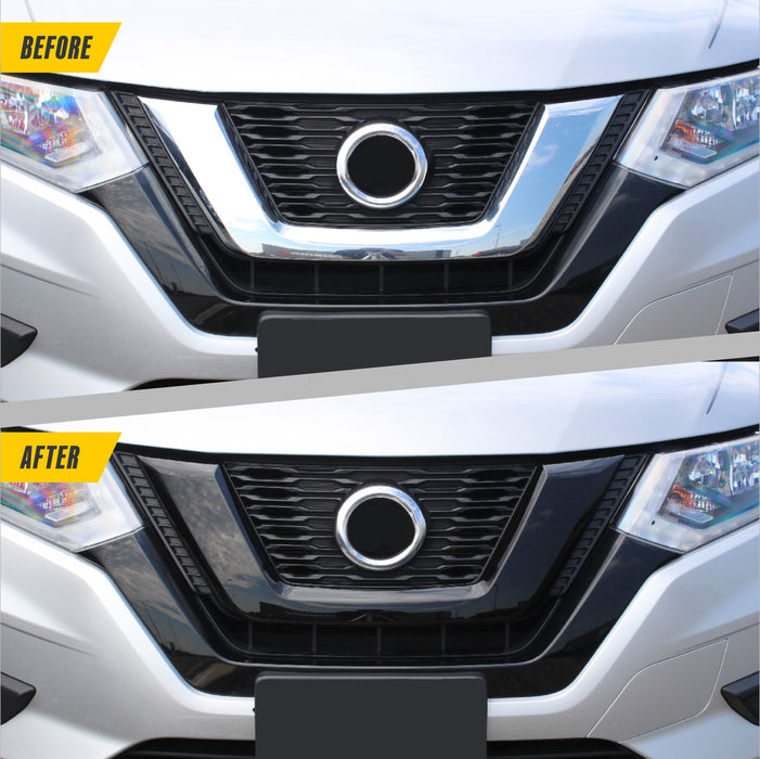 Before and after ABS6491BLK gloss black grille overlay on 2019 Nissan Rogue