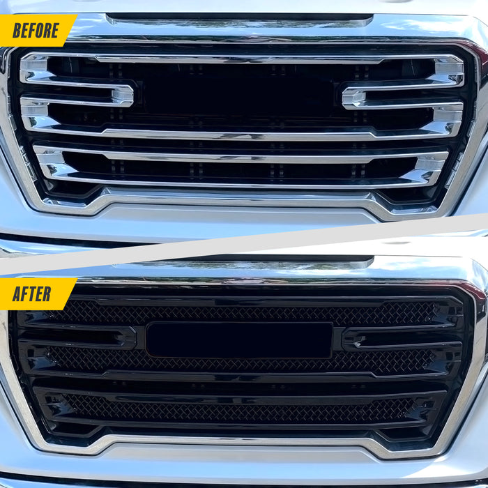 Before and after ABS6496BLK gloss black grille overlay on 2020 GMC Sierra 1500