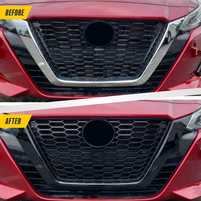 Before and after ABS6497BLK gloss black grille overlay on 2022 Nissan Altima