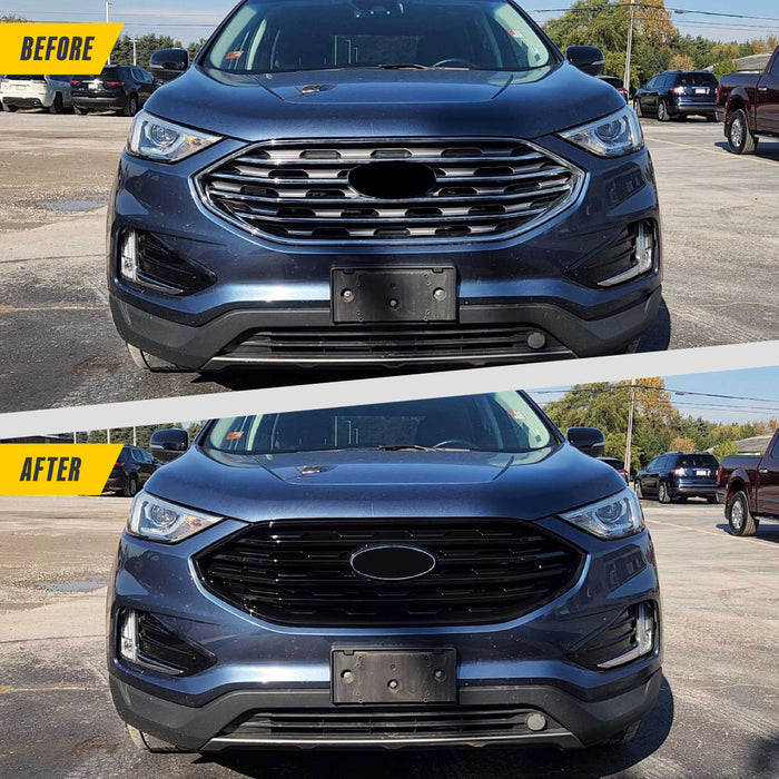 Before and after ABS6498BLK gloss black grille overlay on 2021 Ford Edge