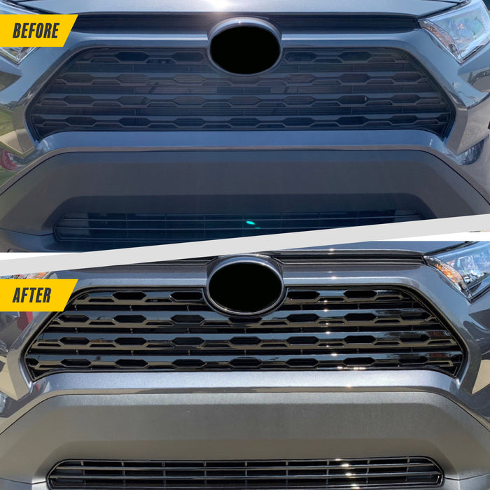 Before and after ABS6500BLK gloss black grille overlay on 2022 Toyota RAV4