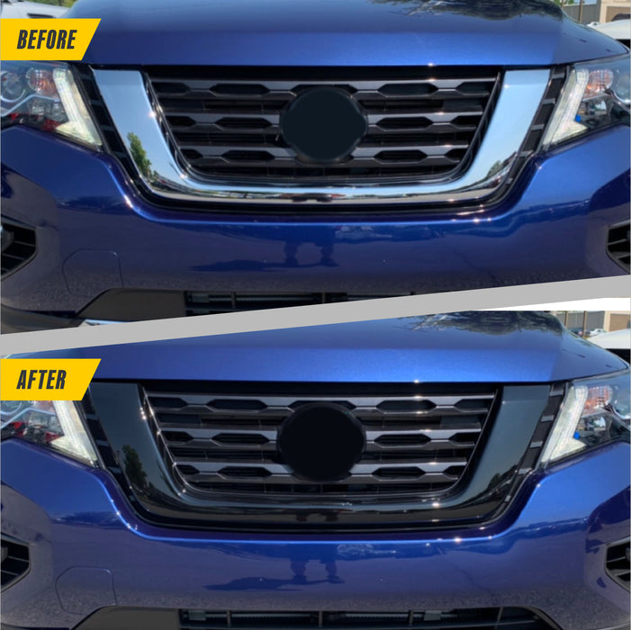 Before and after ABS6501BLK gloss black grille overlay on 2018 Nissan Pathfinder