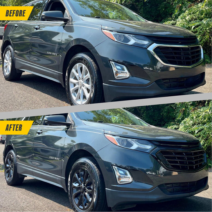 Before and after ABS6502BLK gloss black grille overlay on 2021 Chevrolet Equinox