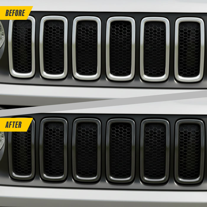 Before and after ABS6503BLK gloss black grille overlay on 2022 Jeep Renegade