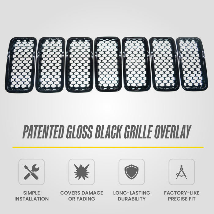 Patented ABS6503BLK gloss black grille overlay features for 2023 Jeep Renegade
