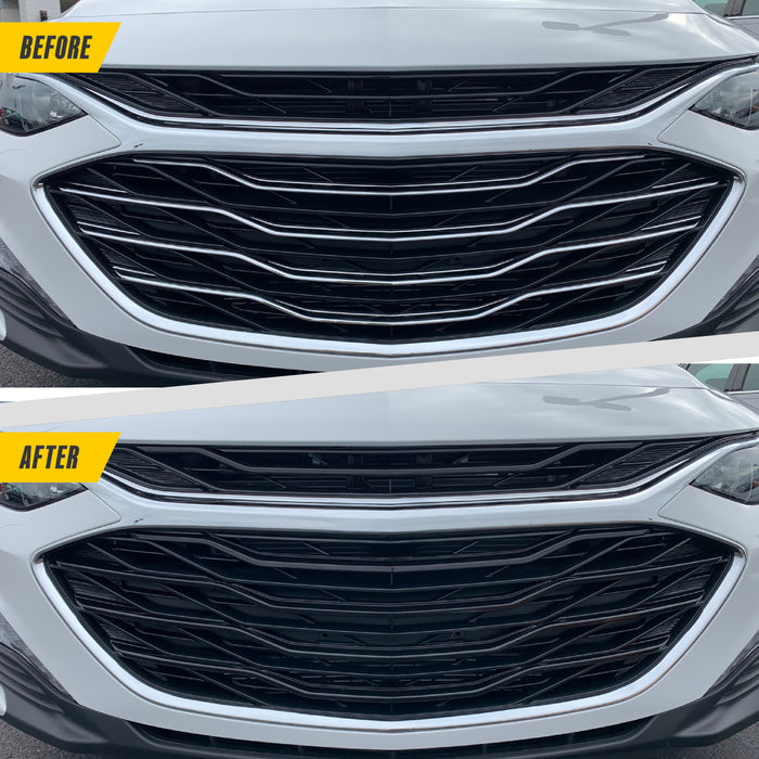 Before and after ABS6504BLK gloss black grille overlay on 2022 Chevrolet Malibu