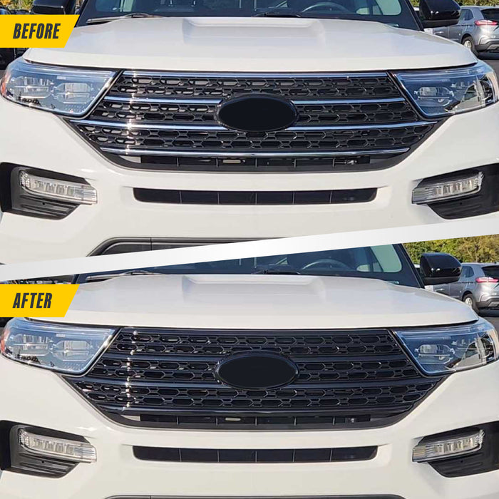 Before and after ABS6505BLK gloss black grille overlay on 2020 Ford Explorer