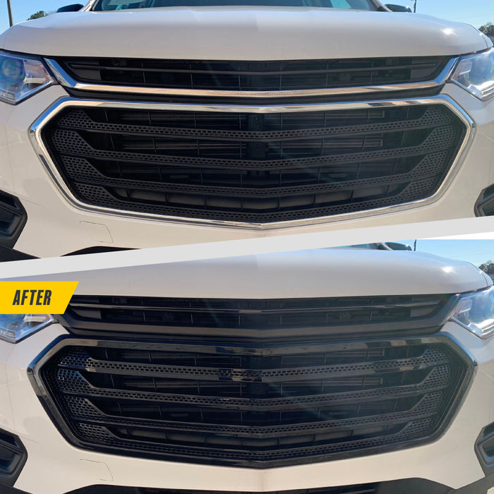 Before and after ABS6507BLK gloss black grille overlay on 2018 Chevrolet Traverse