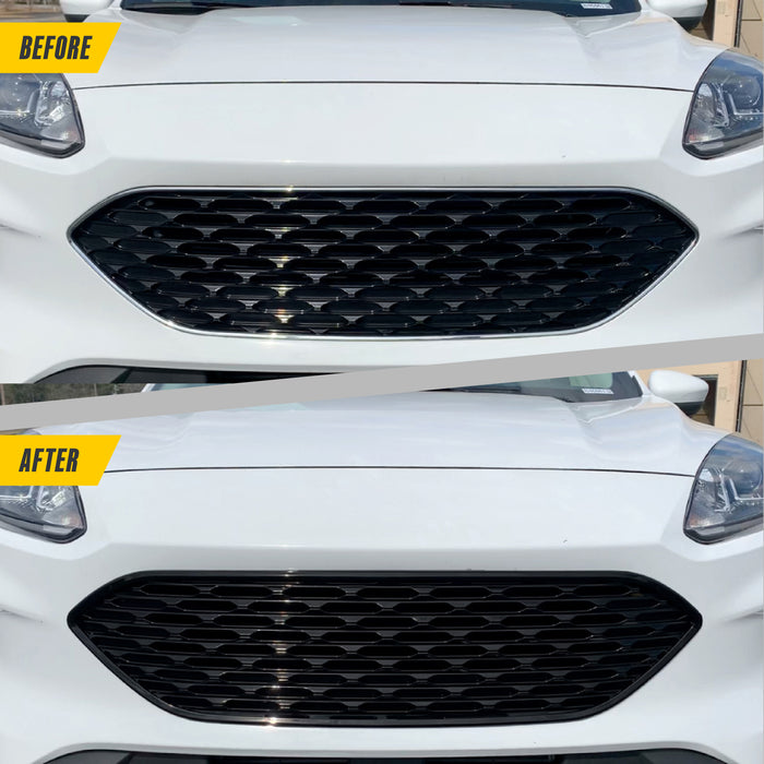 Before and after ABS6508BLK gloss black grille overlay on 2022 Ford Escape