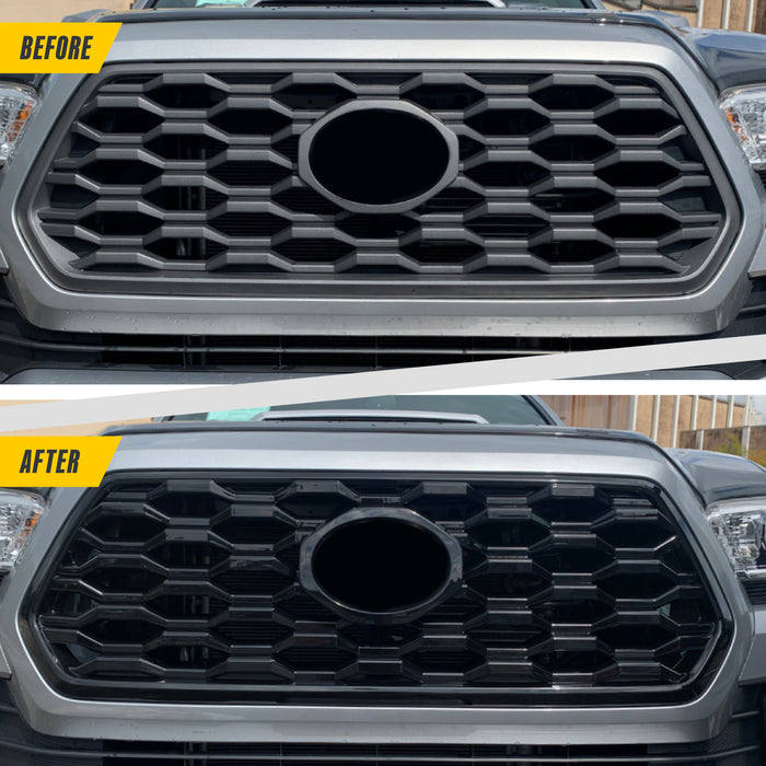Before and after ABS6509BLK gloss black grille overlay on 2021 Toyota Tacoma