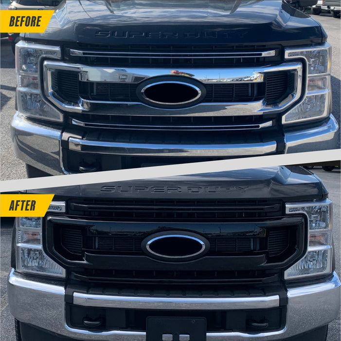 Before and after ABS6510BLK gloss black grille overlay on 2022 Ford F-250 Super Duty
