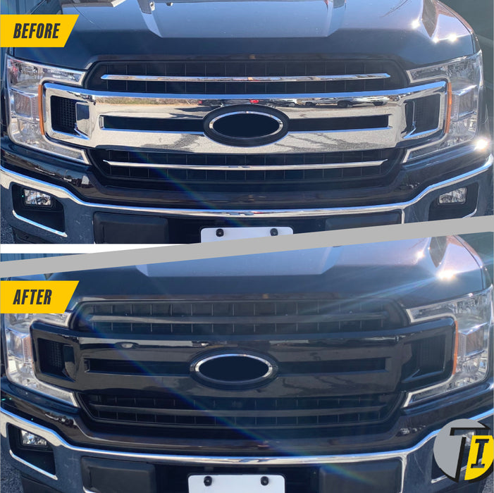 Before and after ABS6515BLK gloss black grille overlay on 2019 Ford F-150