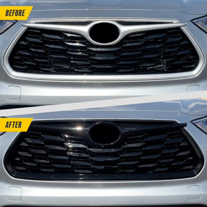 Before and after ABS6518BLK gloss black grille overlay on 2025 Toyota Highlander