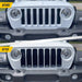 Before and after ABS6522BLK gloss black grille overlay on 2021 Jeep Wrangler