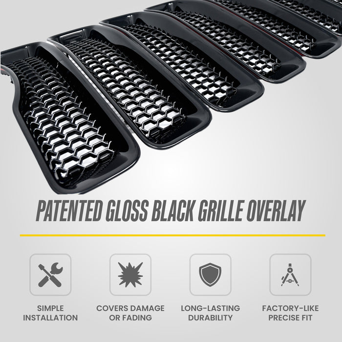 Patented ABS6522BLK gloss black grille overlay features for 2021 Jeep Wrangler