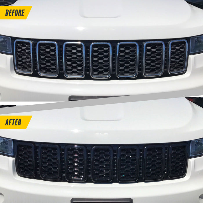Before and after ABS6527BLK gloss black grille overlay on 2018 Jeep Grand Cherokee