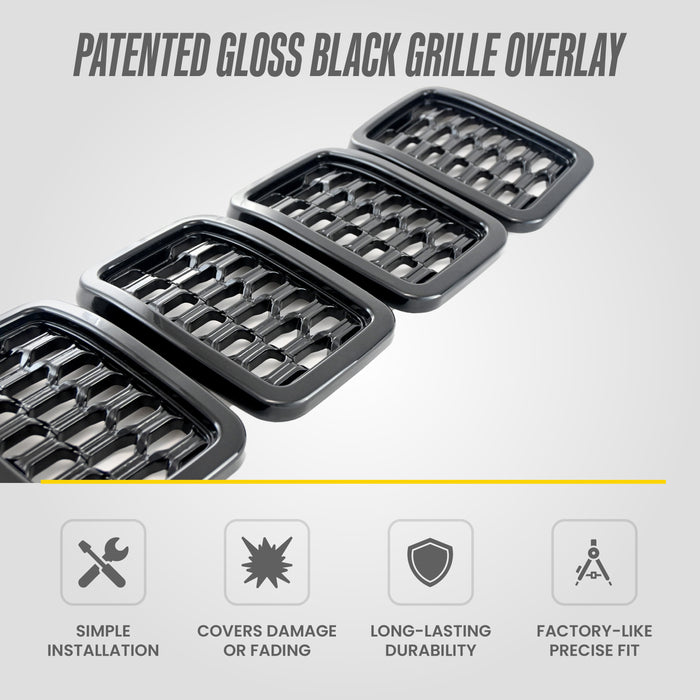 Patented ABS6527BLK grille overlay features for 2022 Jeep Grand Cherokee WK