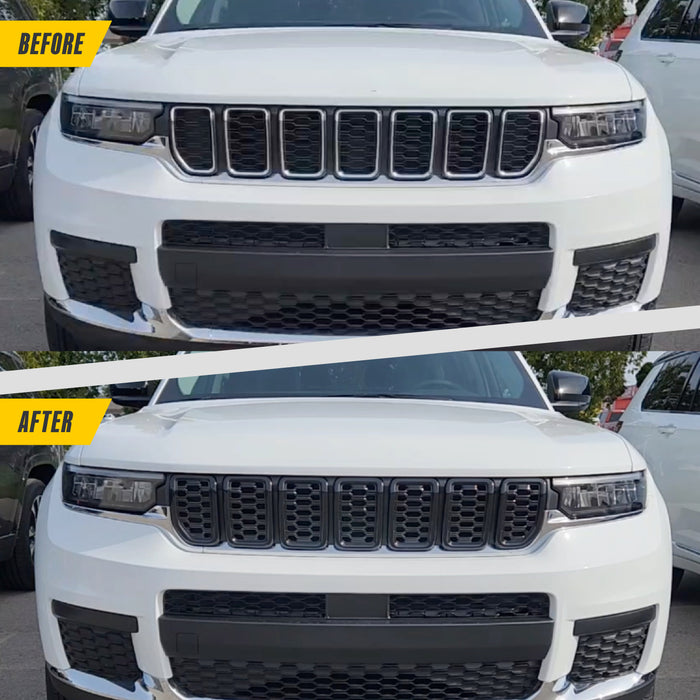 Before and after ABS6534BLK gloss black grille overlay on 2025 Jeep Grand Cherokee