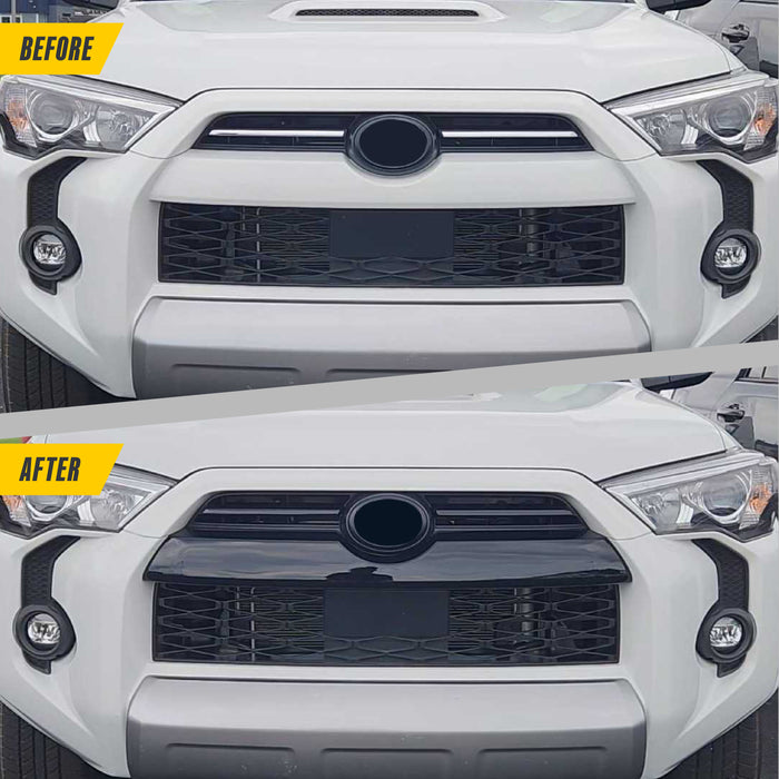 Before and after ABS6562BLK gloss black grille overlay on 2024 Toyota 4Runner