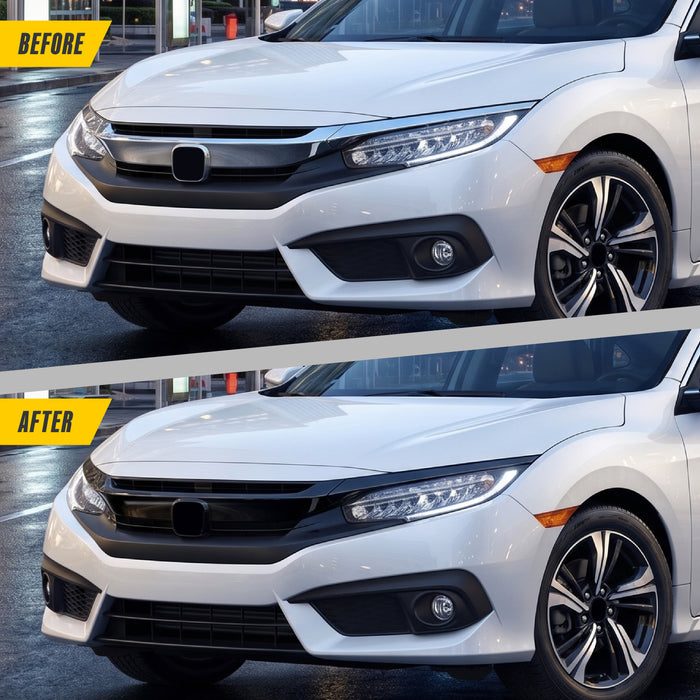 Before and after ABS6564BLK gloss black grille overlay on 2020 Honda Civic