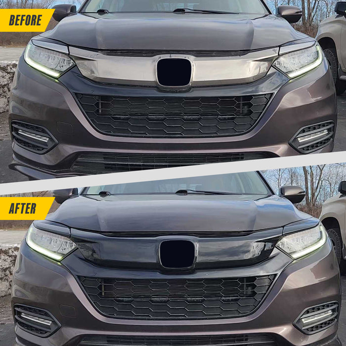Before and after ABS6574BLK gloss black grille overlay on 2020 Honda HR-V