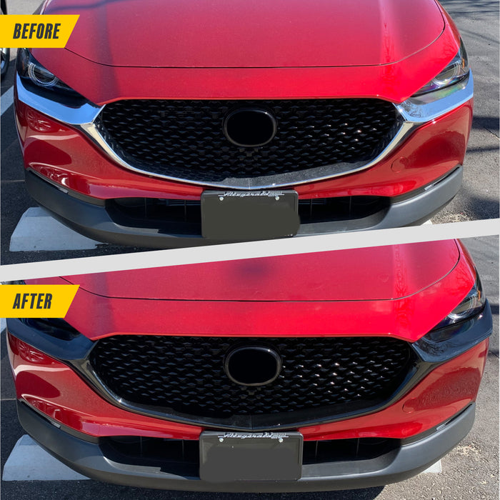 Before and after ABS6575BLK gloss black grille overlay on 2021 Mazda CX-30
