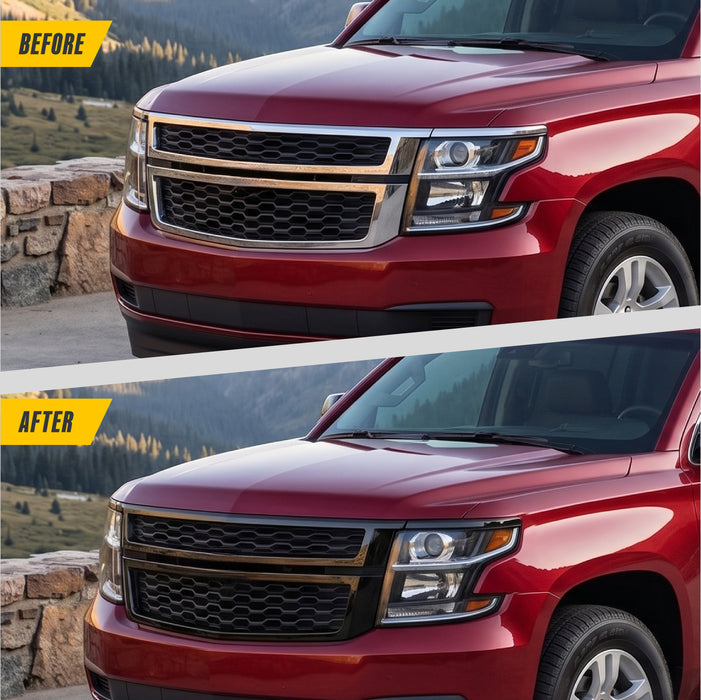 Before and after ABS6582BLK gloss black grille overlay on 2018 Chevrolet Suburban