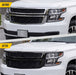 Before and after ABS6582BLK gloss black grille overlay on 2018 Chevrolet Tahoe