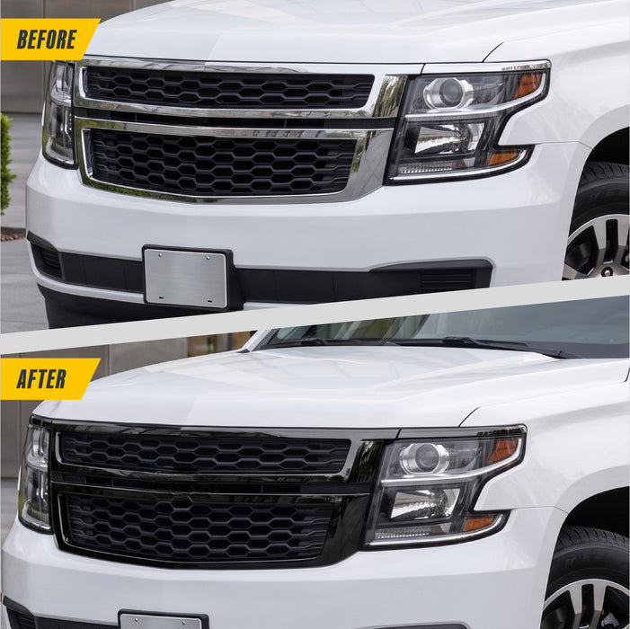 Before and after ABS6582BLK gloss black grille overlay on 2015 Chevrolet Tahoe