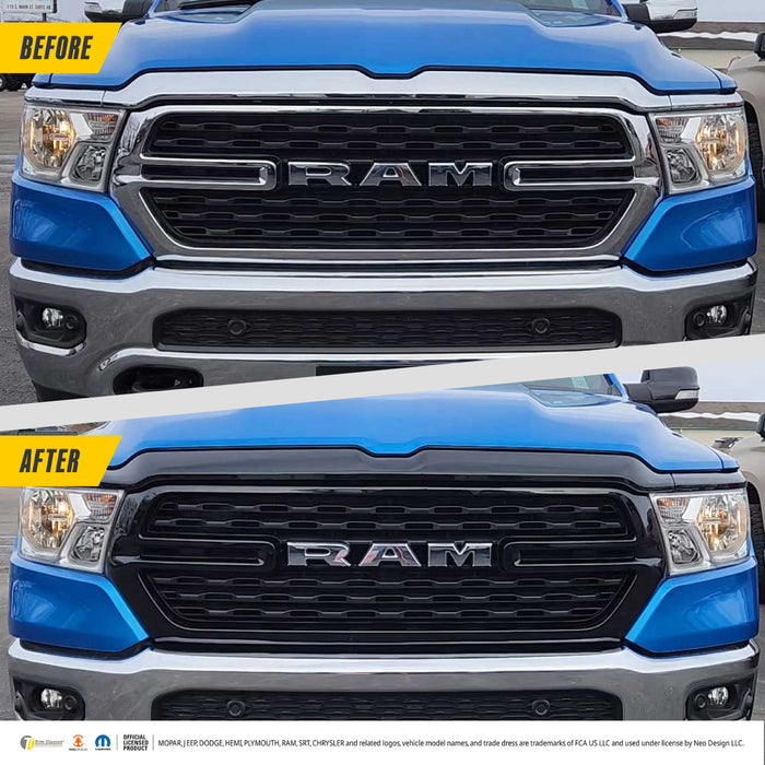 Before and after ABS6583BLK gloss black grille overlay on 2022 Ram 1500