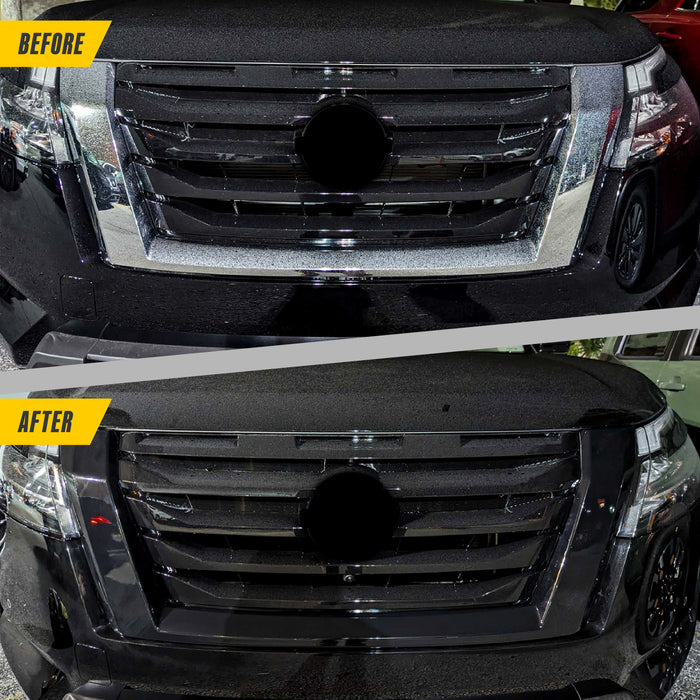Before and after ABS6584BLK gloss black grille overlay on 2024 Nissan Pathfinder