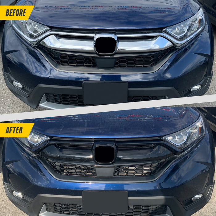Before and after ABS6592BLK gloss black grille overlay on 2017 Honda CR-V
