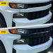 Before and after ABS6593BLK gloss black grille overlay on 2020 Chevrolet Silverado 1500