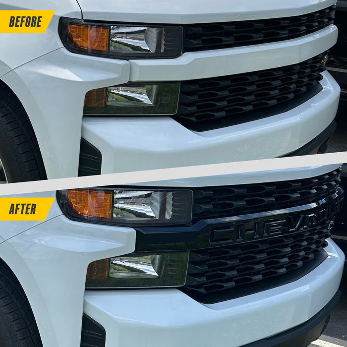 Before and after ABS6593BLK gloss black grille overlay on 2019 Chevrolet Silverado 1500