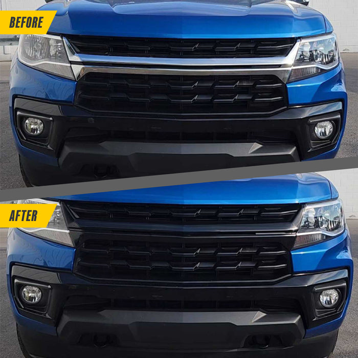 Before and after ABS6597BLK gloss black grille overlay on 2021 Chevrolet Colorado